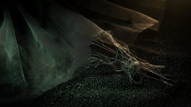 Torn frayed tulle net fabric with unraveling threads resting on dark textured sand ground with dramatic lighting