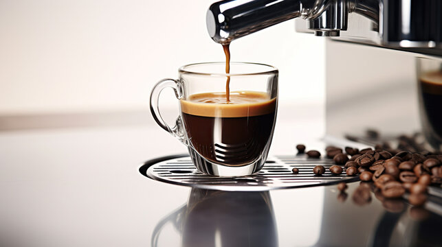 espresso coffee brewing.coffee machine making a cup of espresso.Morning coffee.  Close up shot of a coffee machine preparing an espresso in a transparent glass cup on a glossy surface.