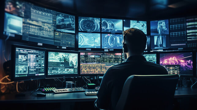 security control room monitor system.  person watching screen in dark room.