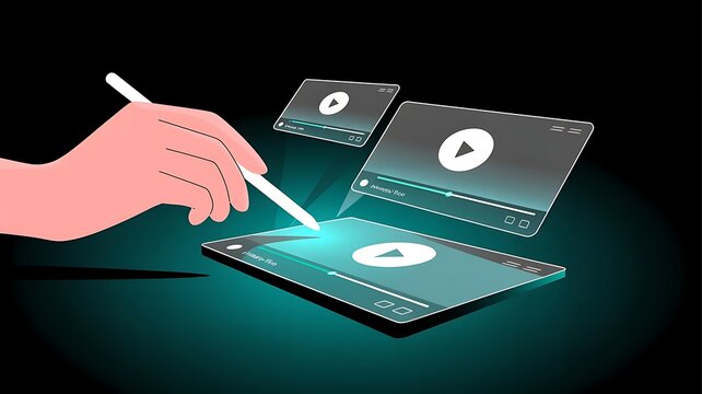 Person using stylus pen to control video players on a digital tablet with glowing background