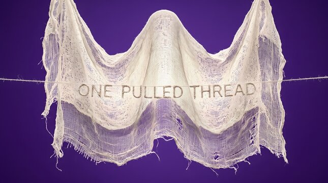 White tattered fabric draped like a ghost with string typography reading one pulled thread on purple background