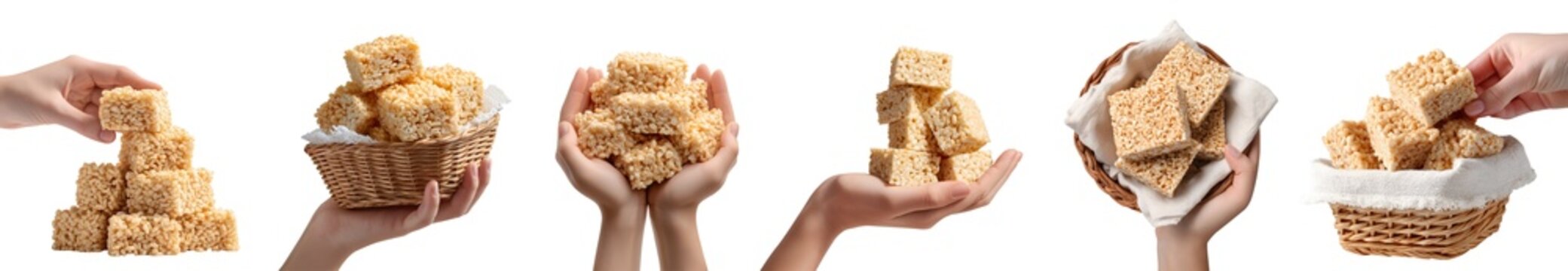 Set of hand holding pile group stack of rice crispy bars square, cereal treats snack grains, rattan basket with napkin, transparent cutout PNG. Many style Mockup