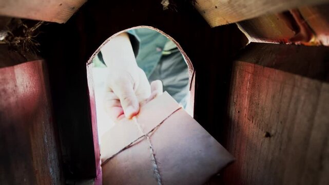 Inside mailbox POV of a hand removing an envelope from a garden mailbox