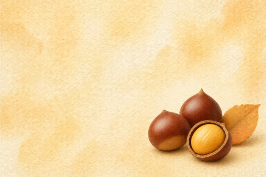 Autumn japanese chestnuts with a golden leaf on warm yellow paper with large copy space