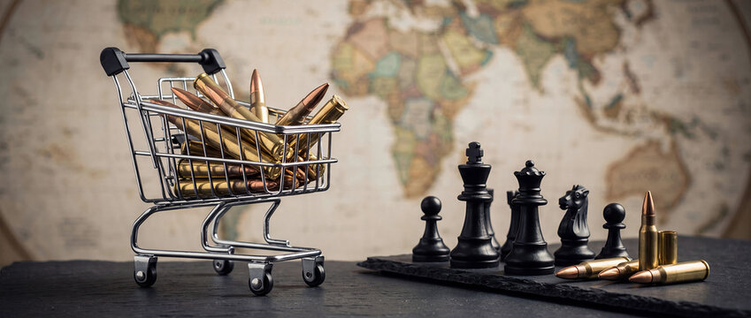 Ammunition Shopping Cart and Chess Pieces Geopolitical Conflict Concept