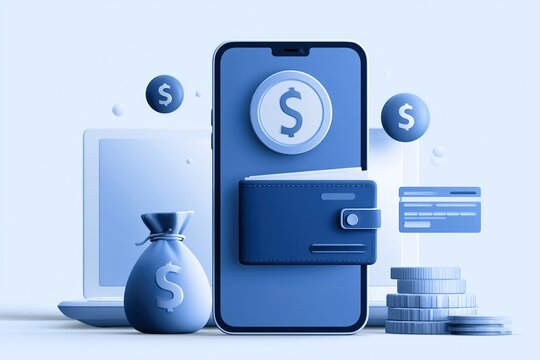 Blue 3D illustration of a smartphone digital wallet with dollar icons, coins, credit card, money bag and laptop, representing mobile payments and fintech.