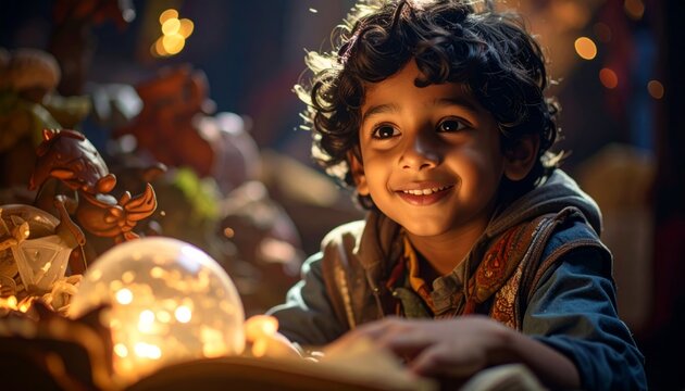 Curious child looking at glowing magical light - wonder and imagination