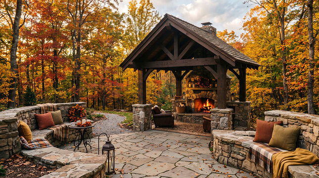 Outdoor stone gazebo with fireplace and seating in autumn forest
