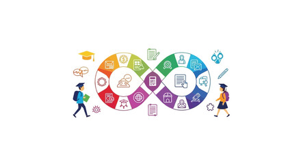 Fototapeta premium Lifelong Learning Infinity Loop Concept Illustration with Students and Education Icons