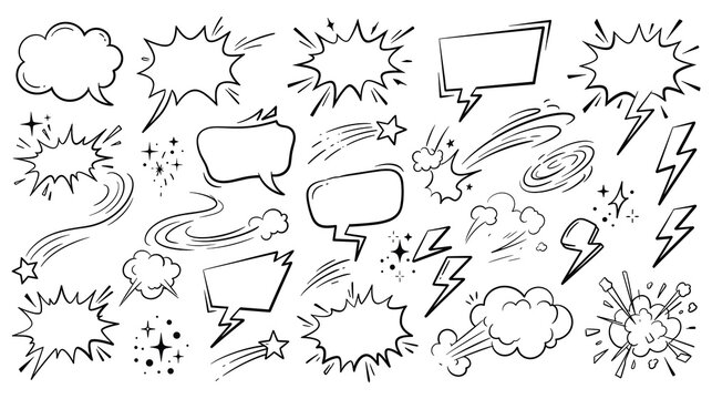 Comic book speech bubbles and explosion elements monochrome pack.