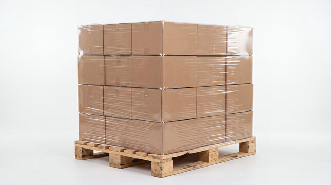 Shrink Wrapped Cardboard Boxes on Wooden Shipping Pallet