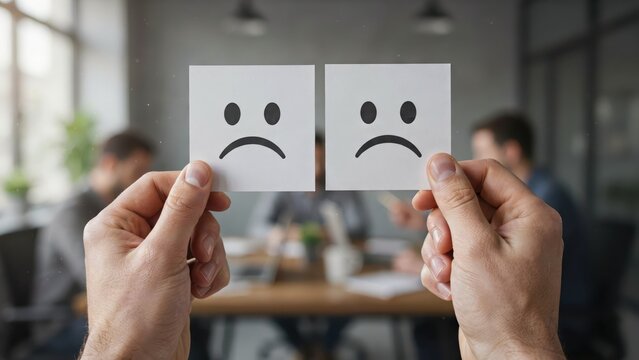Hands holding paper cards with unhappy sad face icons. This represents negative customer feedback or poor office performance assessment in a corporate environment.