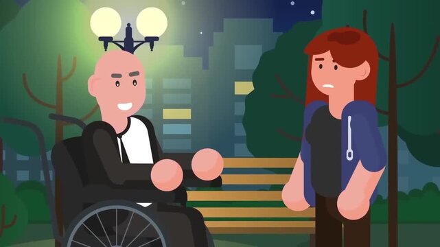 2D Animated Disabled Senior Man in Wheelchair Talking to Woman on Park Bench at Night Flat Vector Character Animation Footage