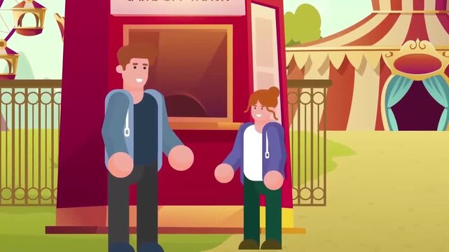 2D Animated Father and Son Standing in Front of Ticket Booth and Circus Tent Flat Vector Character Animation Footage