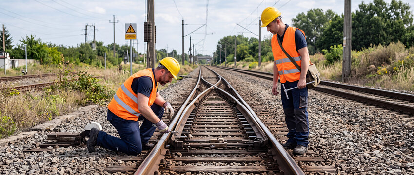 Railway Workers Inspecting and Maintaining Train Tracks