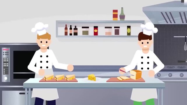 2D Animated Chefs in Uniform Preparing Gourmet Food at Kitchen Counter Flat Vector Character Animation Footage