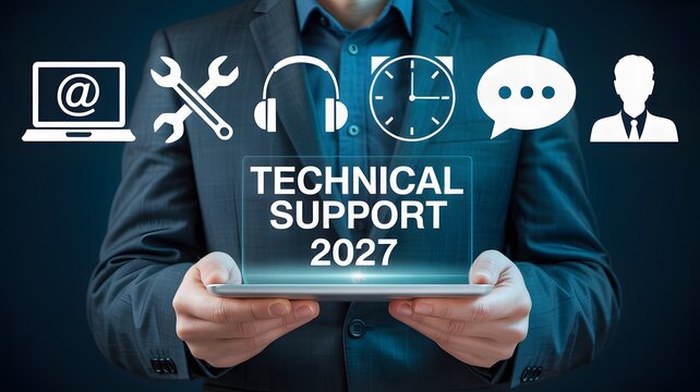 Technical support and customer service concept. Businessman holding a digital tablet with transparent screen and glowing text. Featuring white icons for helpdesk tools headset clock chat and agent