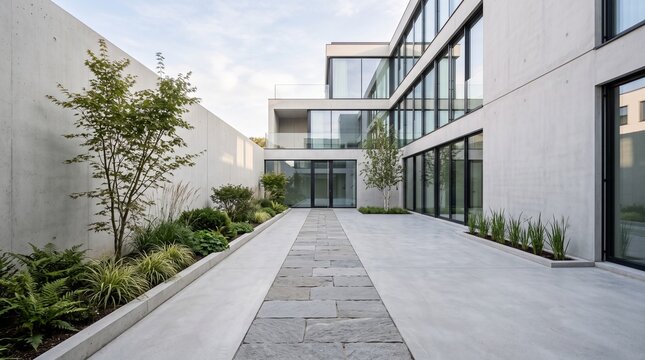 Modern Minimalist Architecture with Concrete Courtyard and Sleek Glass Facade Design