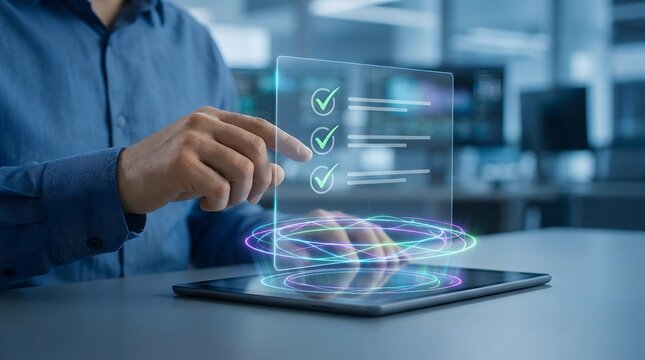 A futuristic depiction of a professional interacting with a holographic display emanating from a tablet showcasing data visualization and technological advancement