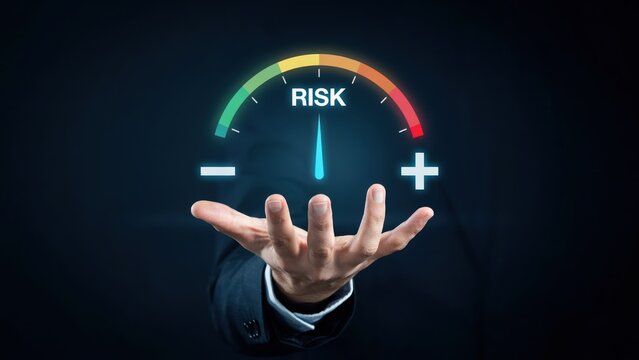 A businessman holds a glowing risk meter measuring financial exposure and uncertainty. This conceptual image is ideal for corporate risk management presentations.