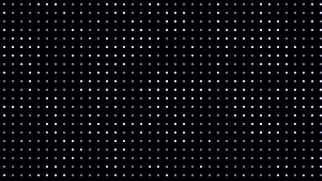 Random dots with flickering light animation on black background. Digital dots moving and forming a grid pattern. Halftone lighting ball dynamic random motion. Big data shining and fading softly.