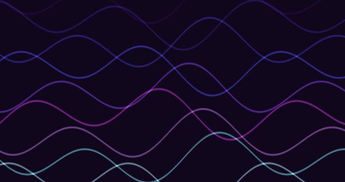 Flowing neon colored sine curves undulate across a dark purple abstract background