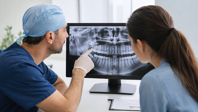 Dentist reviewing panoramic dental x-ray of wisdom tooth with female patient