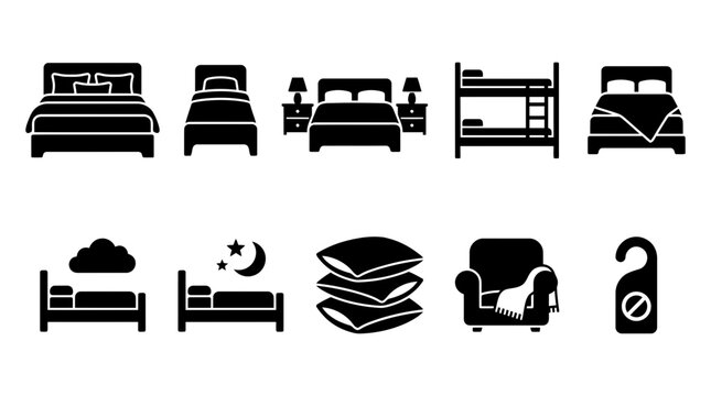 Black vector icons set representing bedroom furniture and hotel amenities with bed icons pillows stack do not disturb