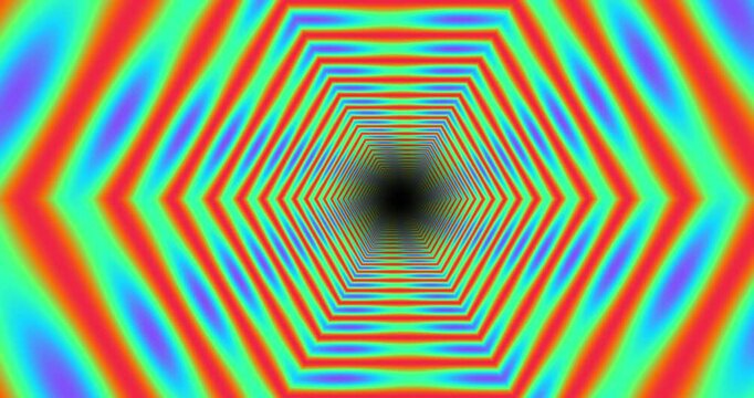 Neon hexagon tunnel with rainbow spectrum colors and infinite zoom motion