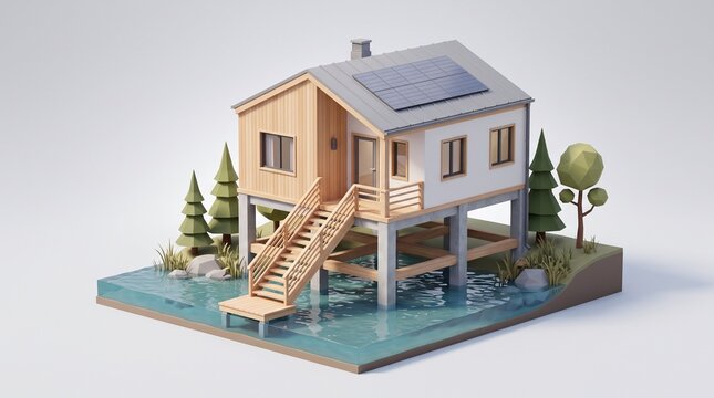 Isometric 3D render of a modern stilt house on water with solar panels and pine trees