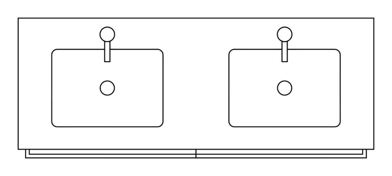 Double sink bathroom vanity unit outline template in top view plan.