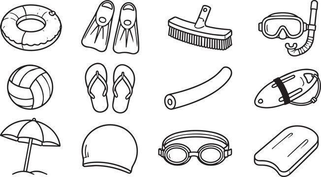 Swimming pool and summer beach equipment doodle icon set
