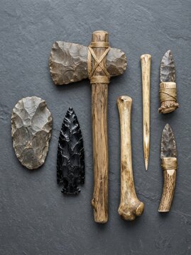 Collection of Prehistoric Stone Age Tools and Weapons Including Axe, Knives, and Arrowhead on Dark Stone Background