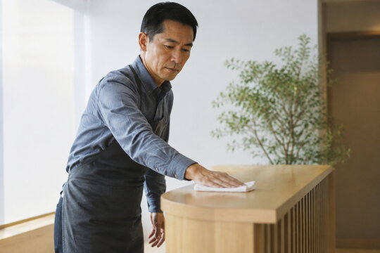 受付カウンターを拭く年末清掃担当の男性