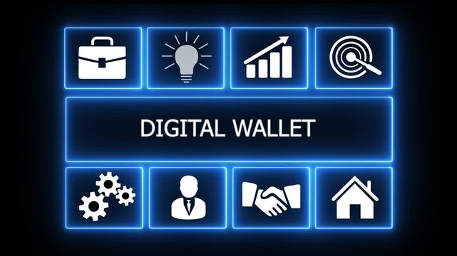 Abstract Neon HUD Digital Wallet Animation with Secure E-Wallet Icons and Mobile Money Concept