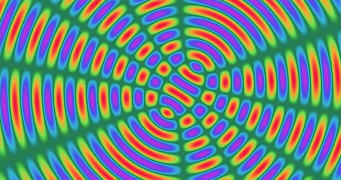 Rainbow colored concentric oval rings pulse outward in smooth flowing abstract pattern