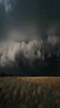 Ominous Storm Clouds and Shelf Cloud Rolling Over Rural Countryside Field