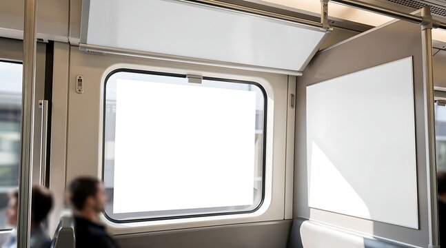 Empty subway train car interior window seating.