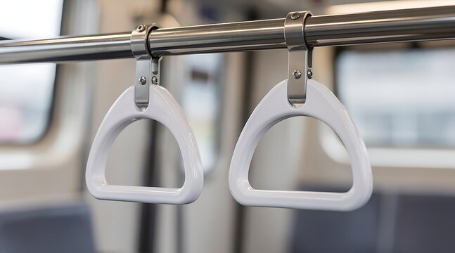White plastic grab handles inside public transit train.