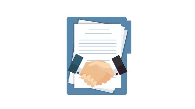 Handshake deal flat animation with dynamic motion document paperwork and envelope on white background and green screen. 4K animated for business agreement, contract signing, and deal motion graphics.