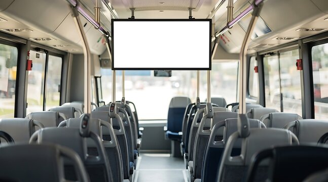 Empty bus interior with blank advertising screen.