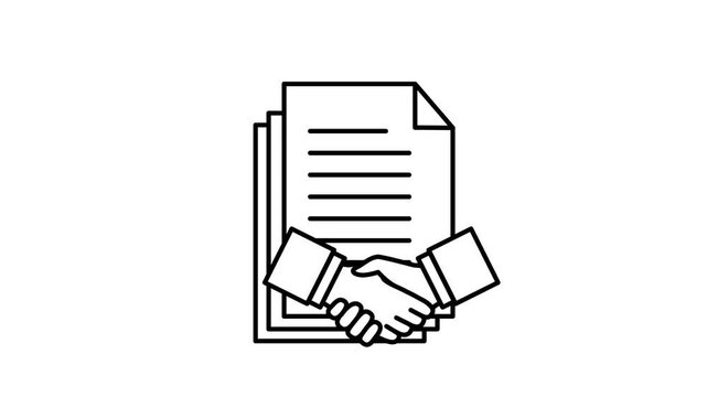 Black and white handshake deal icon outline animation with document paperwork motion on white background and green screen. 4K animated for business agreement, contract signing, and motion graphics.