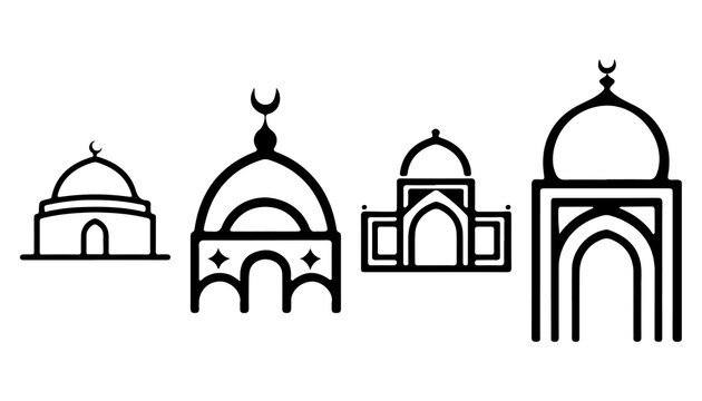 Set of four simple black line icons of muslim mosques with domes and towers for islamic design