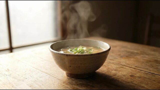 Steam Rising from a Bowl of Miso Soup on a Wooden Table
