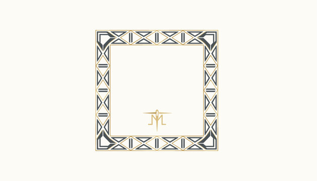 Elegant geometric square frame in art deco style with thin gold and black lines on a light cream colored background.