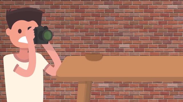 2D Animated Male Photographer Holding Professional DSLR Camera Taking Photo in Studio Flat Vector Character Animation Footage