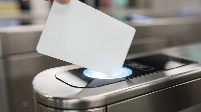 Hand holding white blank card at turnstile.