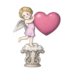 Fototapeta premium PNG Cherub with heart on ornate pedestal illustration
