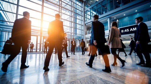 A busy workday morning rush in a large, modern office lobby with people walking.