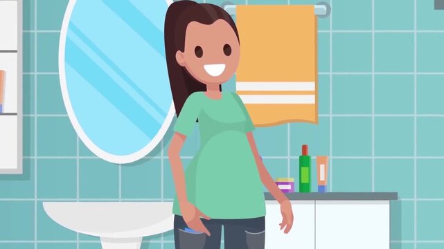 2D Animated Woman Brushing Teeth in Front of Mirror inside Bathroom Interior Flat Vector Character Animation Footage